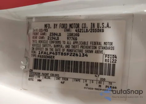 1995 Ford Mustang Gt/Gts from USA, damaged, VIN 1FALP45T8SF226134